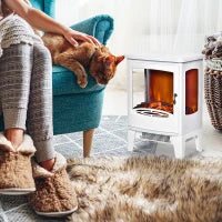 Camino Elettrico Effetto Fiamma e 3 Lati Aperti, Temperatura Regolabile 900W-1800W, Copertura 20-25m², 39x26x54.8cm, Bianco