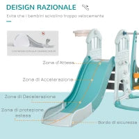 Scivolo per Bambini 4 anni max con Altalena, Canestro, Porta e Anelli, in HDPE e PP, 210x186x133 cm