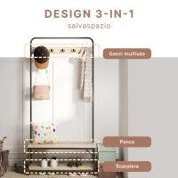 Appendiabiti con Panca e Scarpiera in Stile Industriale, Mobile per Ingresso Vintage in Legno e Acciaio Nero