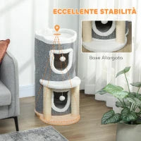 Albero Tiragraffi per Gatti Alto 76 cm con Casette, Lettino, Palline e Pali in Sisal, Grigio