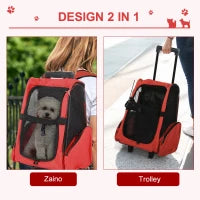 Trasportino Zaino 2 in 1 per Cani e Gatti con Tasche Laterali, Maniglia Telescopica e Ruote, 42x25x55cm, Rosso