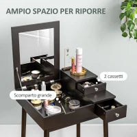 Tavolo da Trucco 2 in 1 con Specchio Ribaltabile e 2 Cassetti, 60x50x85.5 cm, Nero