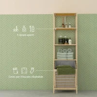 Colonna Bagno con 3 Ripiani in Legno di Bambù e Cesto Portabiancheria in Tessuto, 44x33x160cm