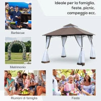 Gazebo da Giardino 3x3m con Zanzariera, Tetto a 2 Livelli e Struttura in Metallo Marrone