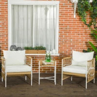 Set da Giardino Stile Boho in Rattan con 2 Sedie con Cuscini e Tavolino Rotondo, Giallo