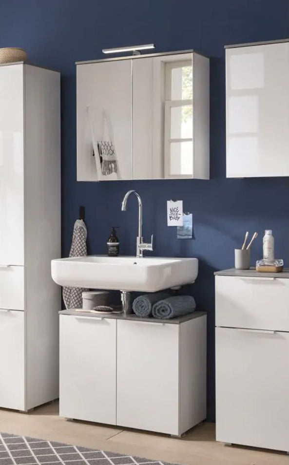 Mobili x il bagno a 2 ante, finitura Bianco Laccato e top Grigio Cemento, ZCMGL-STLV