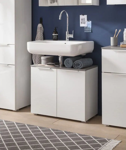 Mobili x il bagno a 2 ante, finitura Bianco Laccato e top Grigio Cemento, ZCMGL-STLV