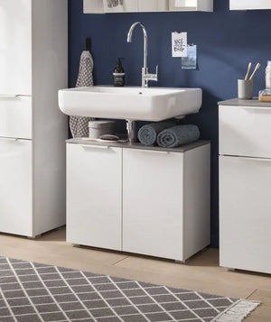 Mobili x il bagno a 2 ante, finitura Bianco Laccato e top Grigio Cemento, ZCMGL-STLV