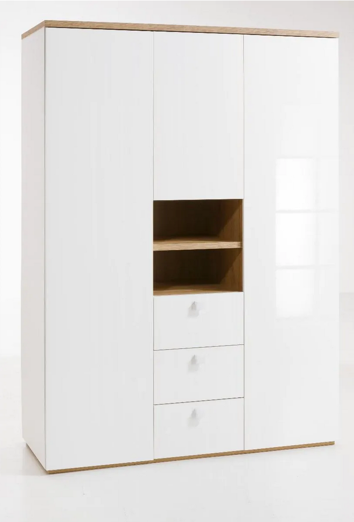 Armadio con 3 ante battenti e 3 cassetti in finitura Bianco laccato e Rovere, ZCMGLBAR5526