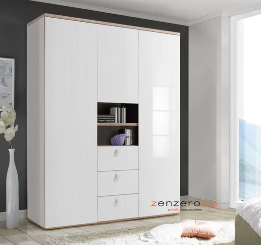 Armadio con 3 ante battenti e 3 cassetti in finitura Bianco laccato e Rovere, ZCMGLBAR5526