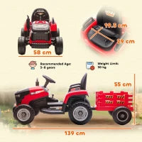 Trattore Elettrico per Bambini con Rimorchio Estraibile Batteria 12V Velocità 3-5 km/h, Telecomando 2,4G Rosso