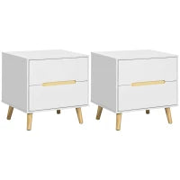 Comodino Moderno con 2 Cassetti, Set 2 Pezzi in Truciolato e Gambe in Legno di Pino, 50Lx40Px50.5A cm, Bianco