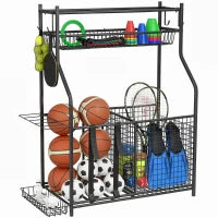 Organizzatore per Attrezzatura Sportiva con Cestello, Ganci Estraibili e Fasce Elastiche per Palloni da Basket e Calcio
