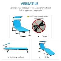 Sedia Sdraio da Esterno Pieghevole con Tettuccio e Rivestimento Imbottito in Gommapiuma, Lettino Prendisole da Giardino con Schienale Regolabile 66x164x81cm Blu