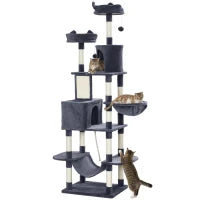 Albero per Gatti 206 cm Torre per Gatti con Cuccia, 2 Palline Giocattolo, Pali in Sisal, Piattaforma per Gatti Grandi, Grigio Scuro