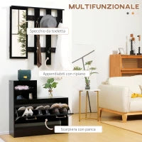 Set Appendi Abiti da Ingresso con Specchio e Scarpiera per 8 Paia di Scarpe, Nero Lucido