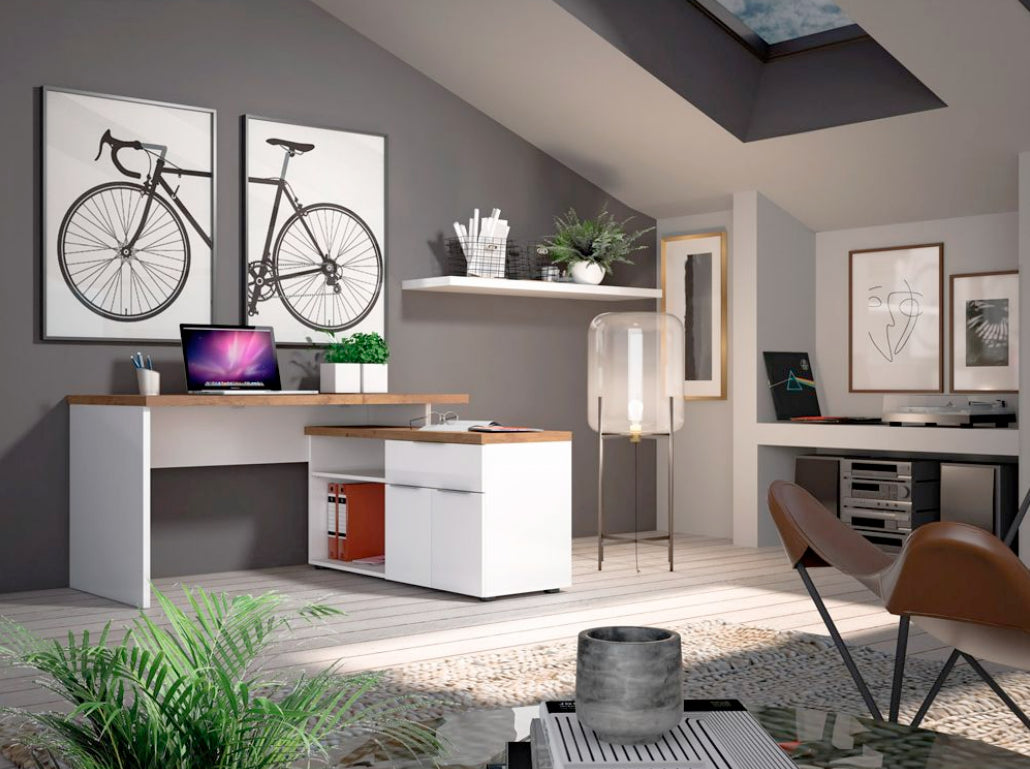 Scrivania ad angolo, finitura Bianco laccato lucido e Castagno, ZEMSCRIVTO1BIR 