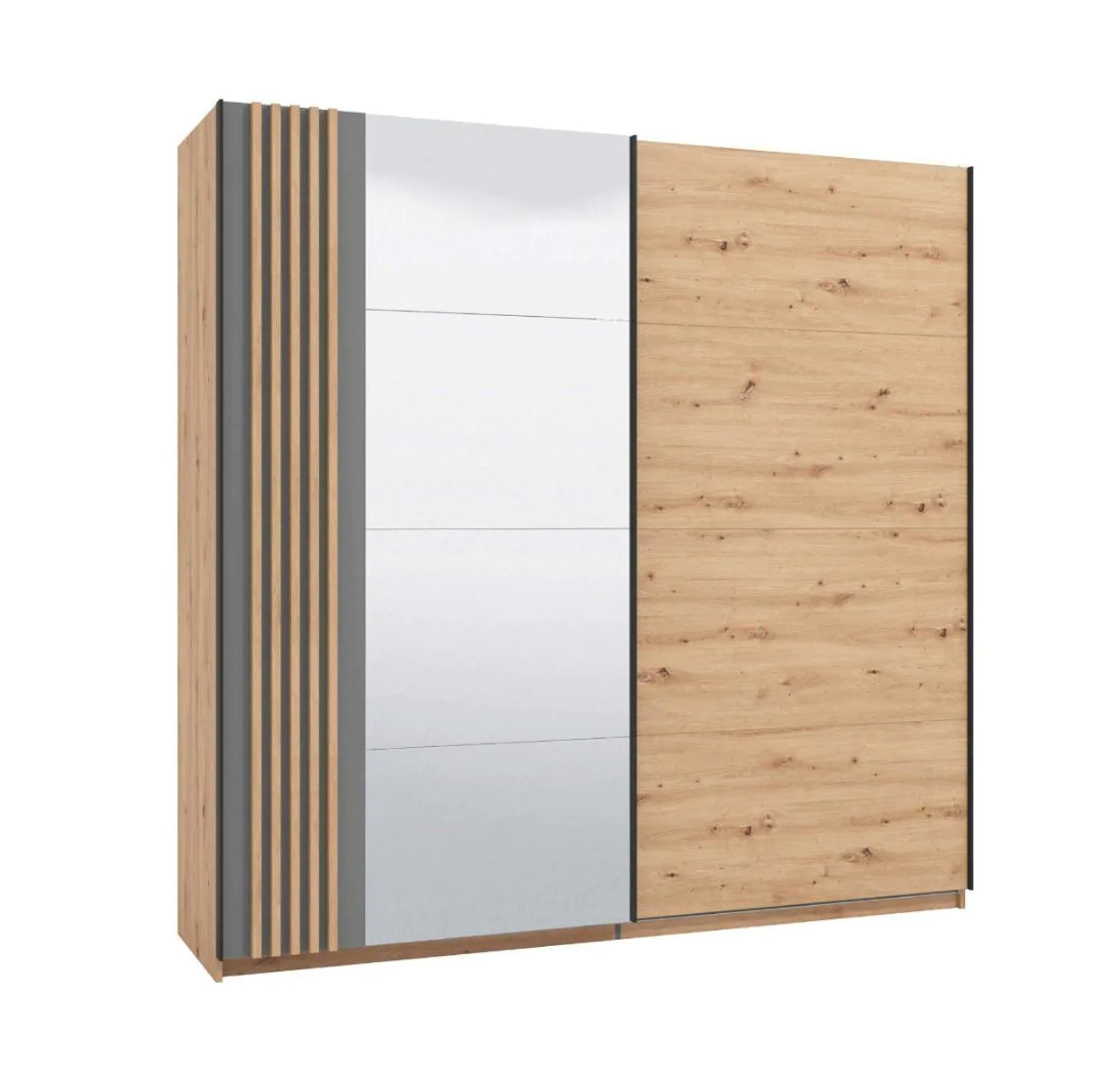 Armadio due ante scorrevoli con specchio e inserti verticali, finitura Rovere oak e Grigio, ZFM00321011 