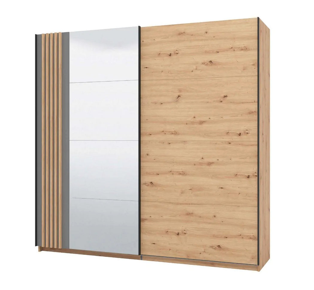 Armadio due ante scorrevoli con specchio e inserti verticali, finitura Rovere oak e Grigio, ZFM00321011 