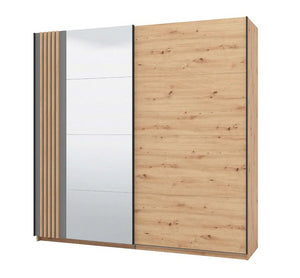 Armadio due ante scorrevoli con specchio e inserti verticali, finitura Rovere oak e Grigio, ZFM00321011 