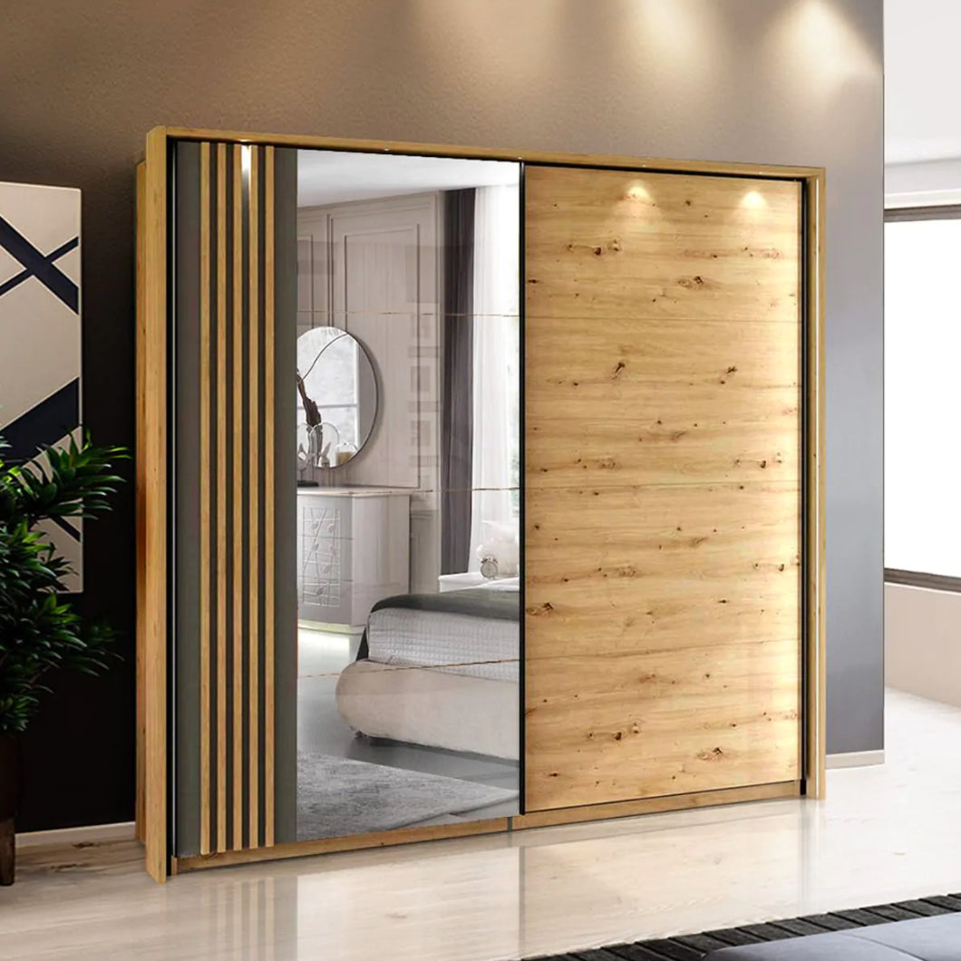 Armadio due ante scorrevoli con specchio e inserti verticali, finitura Rovere oak e Grigio, ZFM00321011 