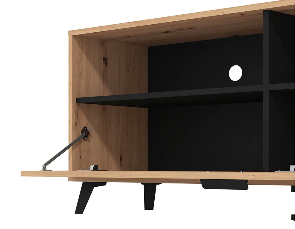 Mobile tv 140 cm con ribalta e due vani a giorno, finitura Rovere e Nero opaco, ZFM23211011