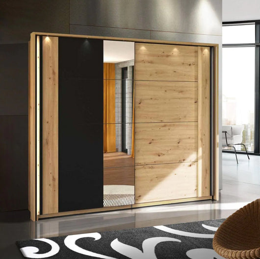 Armadio scorrevole di design moderno, con specchio, Rovere oak e Nero, ZFMLOZ10321011 