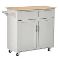 Carrello da Cucina Multiuso in Legno con 2 Cassetti, Armadietto e 4 Ruote, 104x46x91cm, Grigio
