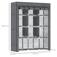 Guardaroba in Tessuto non Tessuto e Acciaio con 8 Ripiani e 2 Barre, 125x43x162.5 cm, Grigio Carbone