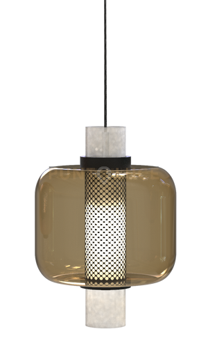 ZHEN-BR Sospensione 1 luce in vetro bronzo struttura nera in metallo attacco E27 senza base