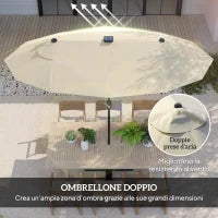 Ombrellone Doppio con Luci LED e Base a Croce, in Poliestere e Acciaio, 295x150x219 cm, Bianco Crema