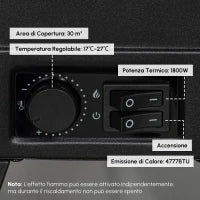 Caminetto Elettrico da 1800W con Effetto Fiamma a 3 Intensità, in Metallo e Vetro, 36x21x47 cm, Nero