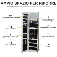 Specchio Portagioie a LED con 4 Scaffali e Spazi Portaoggetti, in Legno e Vetro, 15x15x61.75 cm, Bianco