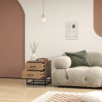 Set di 2 Comodini con 2 Cassetti Stile Industriale in Legno e Acciaio, Colore Legno