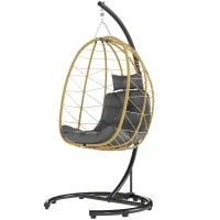 Poltrona Sospesa e Pieghevole con Cuscini, in Acciaio e Rattan PE, 102x102x195 cm, Nera Grigia e Beige