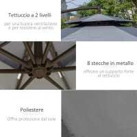 Ombrellone a Braccio 2.7x2.7 m con Tettuccio Regolabile a 2 Livelli e Base a Croce, Grigio