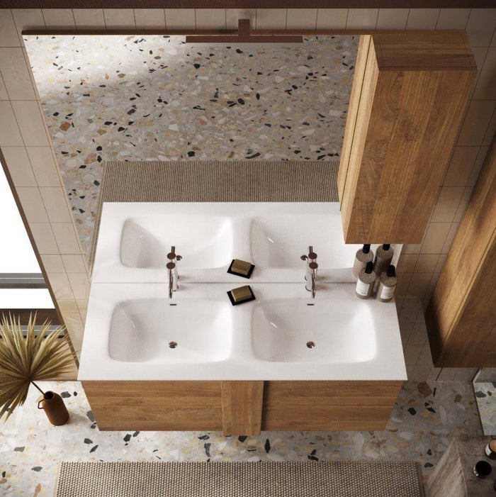 Mobile da bagno sospeso con doppio lavabo, finitura Mercure, Made in Italy 