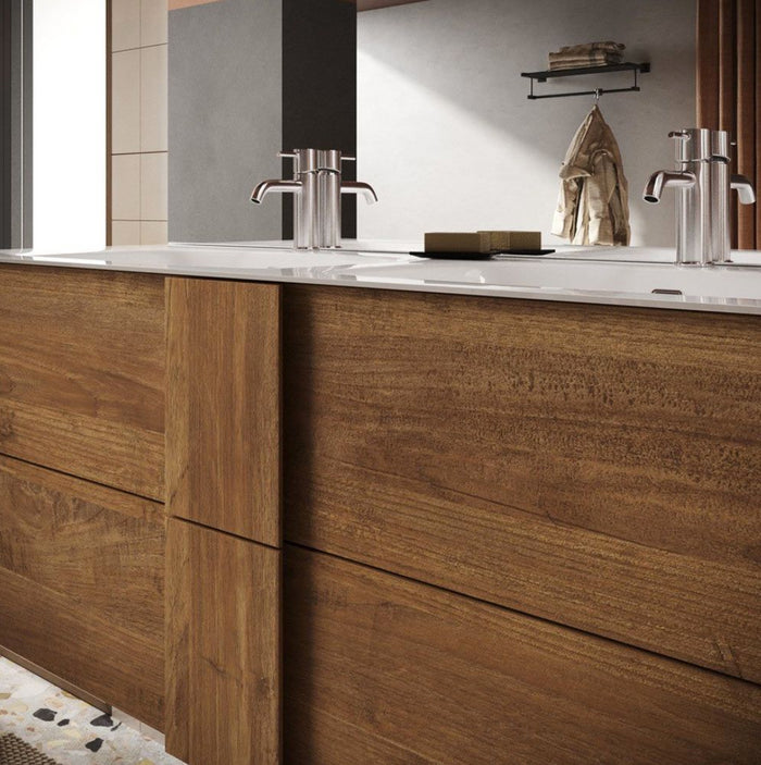 Mobile da bagno sospeso con doppio lavabo, finitura Mercure, Made in Italy 