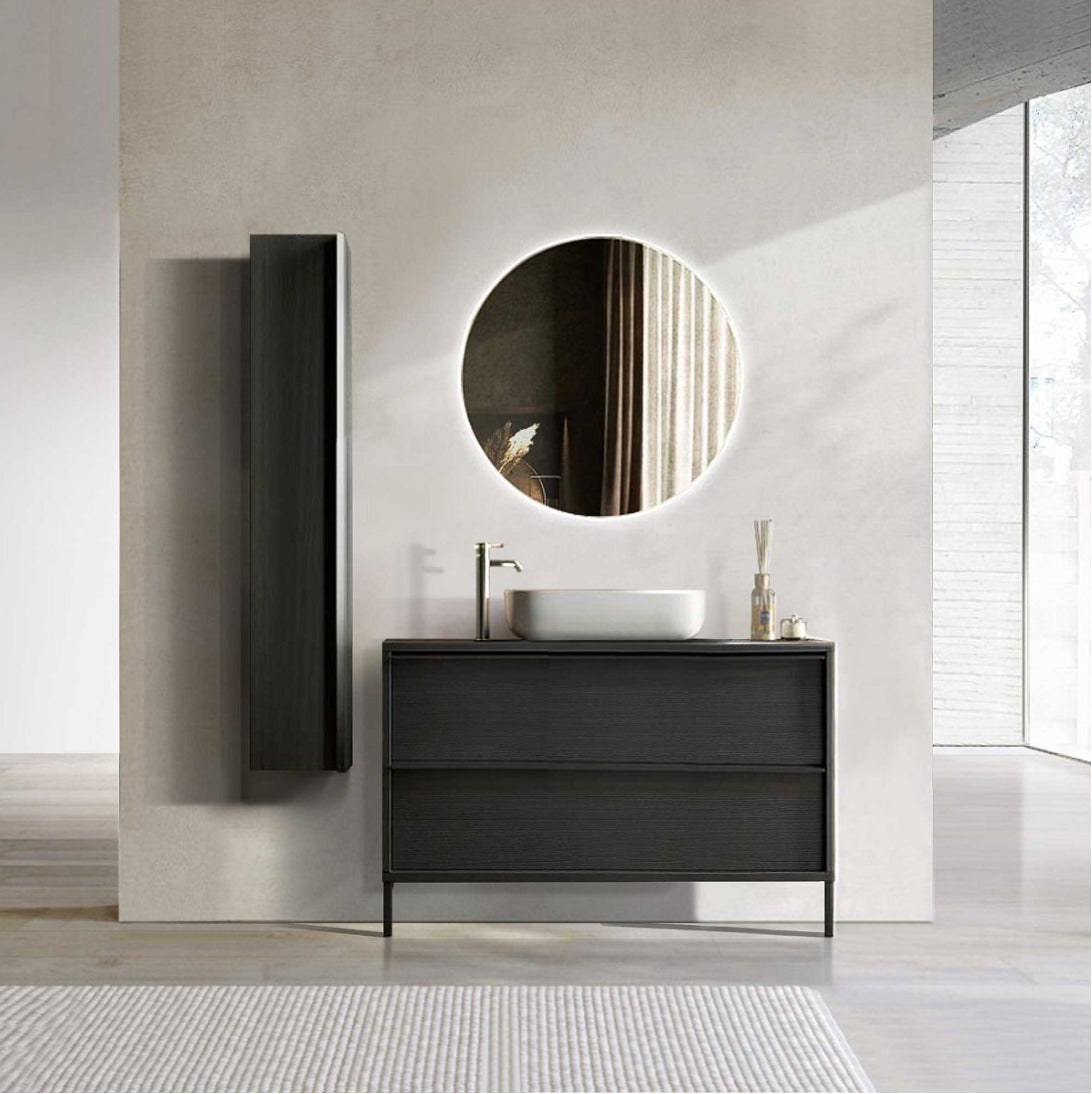 Mobile da bagno due cassetti Nero Frassinato con piedini L.110 cm, Made in Italy 