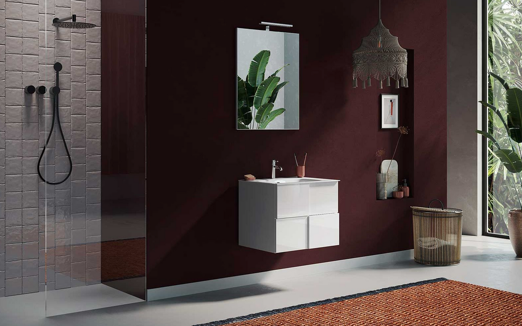 Mobiletto da bagno bianco lucido sospeso a 2 cassetti 