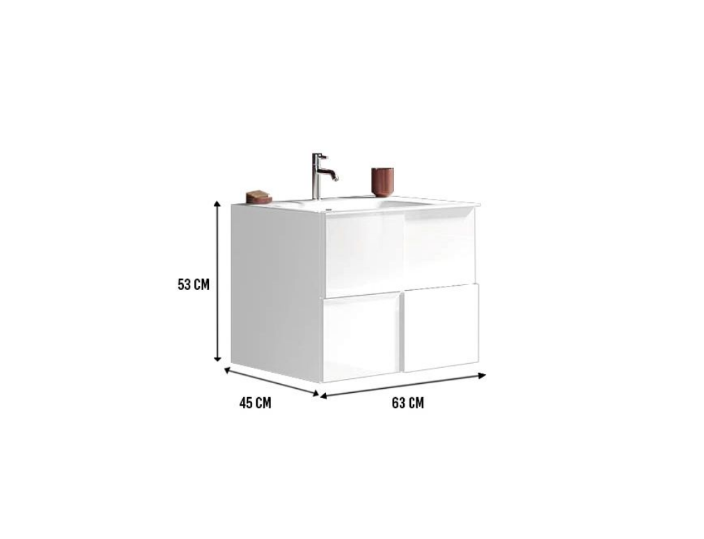 Mobiletto da bagno bianco lucido sospeso a 2 cassetti 
