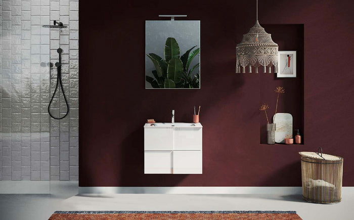 Mobiletto da bagno bianco lucido sospeso a 2 cassetti 