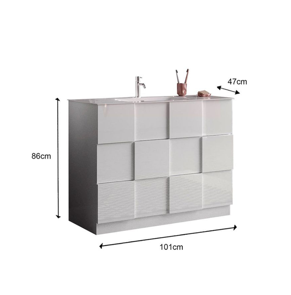 Mobile da bagno a terra 3 cassetti, finitura Bianco lucido 