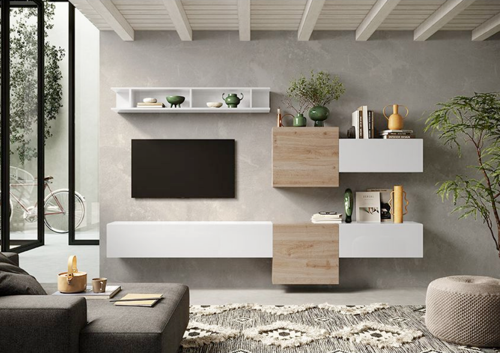Pareti attrezzate TV elegante, finitura Bianco lucido e Cadiz, ZLCINFNCOMP22-1 