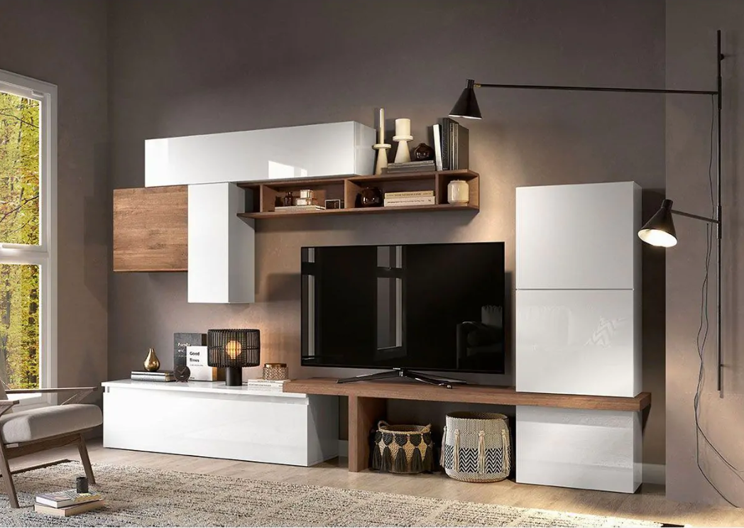 Conveniente ed elegante Parete Attrezzata L.280, finitura Bianco lucido e Mercure, ZLCINFNCOMPN46-1