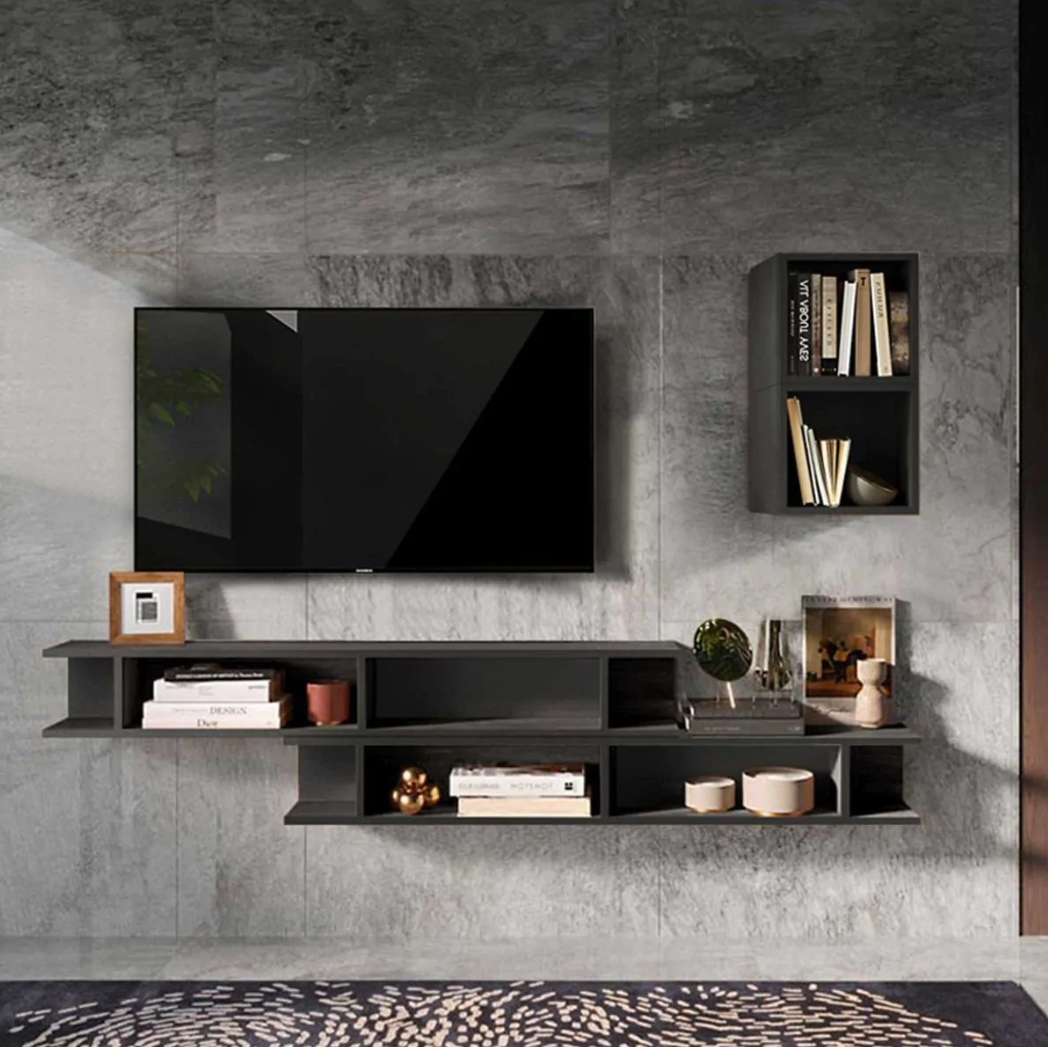 Parete attrezzata moderna con librerie Piombo, 100% Made in Italy, ZLCINFNCOMPN60PT