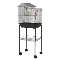 Gabbia per Uccelli con Piedistallo, Ruote Girevoli, Ripiano e Accessori, 46x36x120 cm, Nero