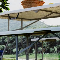 Set da Pic Nic Pieghevole a 3 Pezzi con Tavolo e 2 Panche in HDPE e Metallo, Bianco e Grigio Chiaro