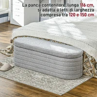 Panca Fondo Letto in Tessuto Teddy con Vano Contenitore, 116x41x40.5cm, Grigio Chiaro
