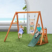 Set con Scivolo, Altalena da Giardino e Scaletta a Corda in Legno per Bambini Età 3-8 Anni